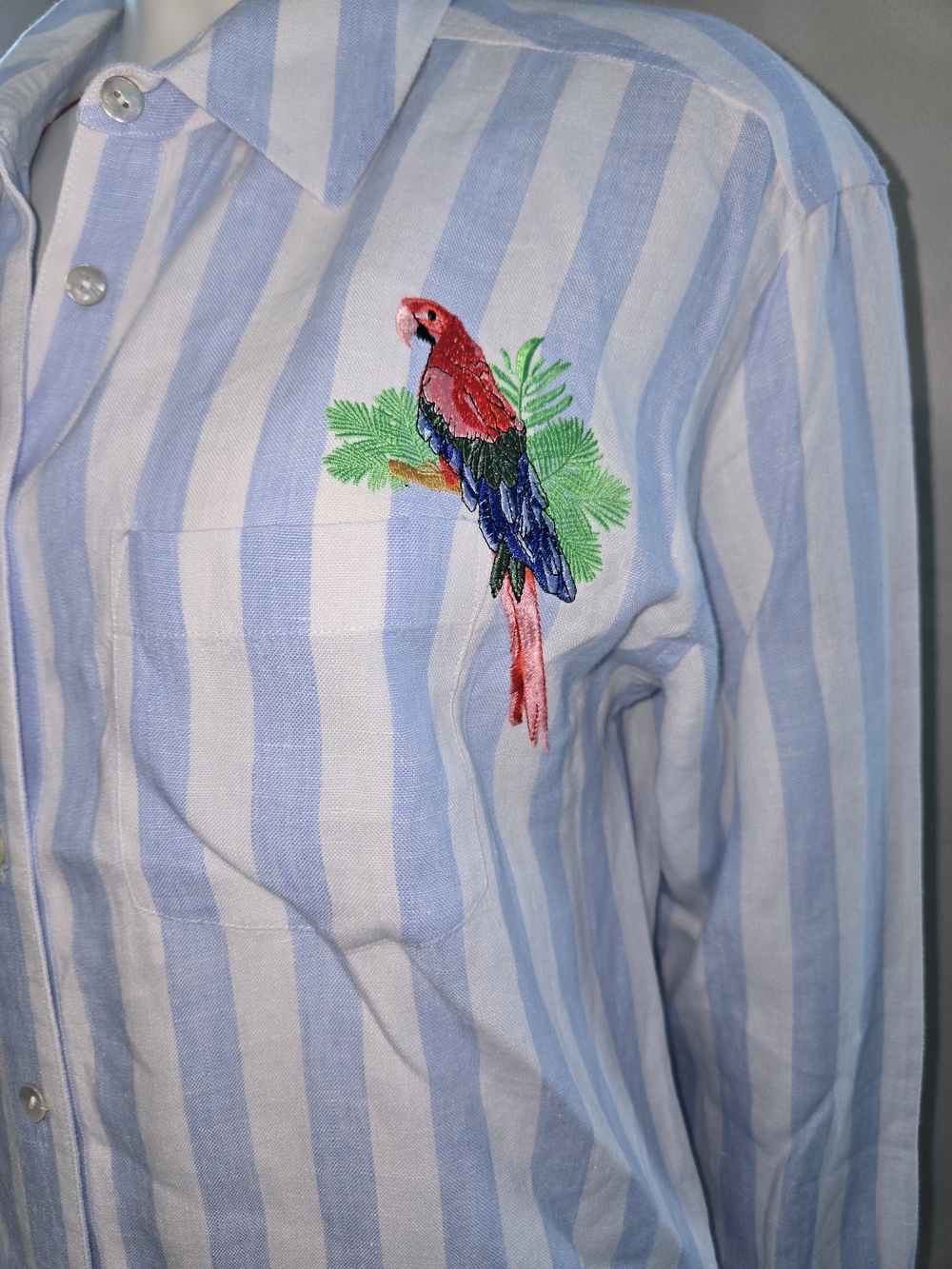Striped Blue and White Cotton Button-Up Shirt with Parrot Embroidery - Picture 3 of 7
